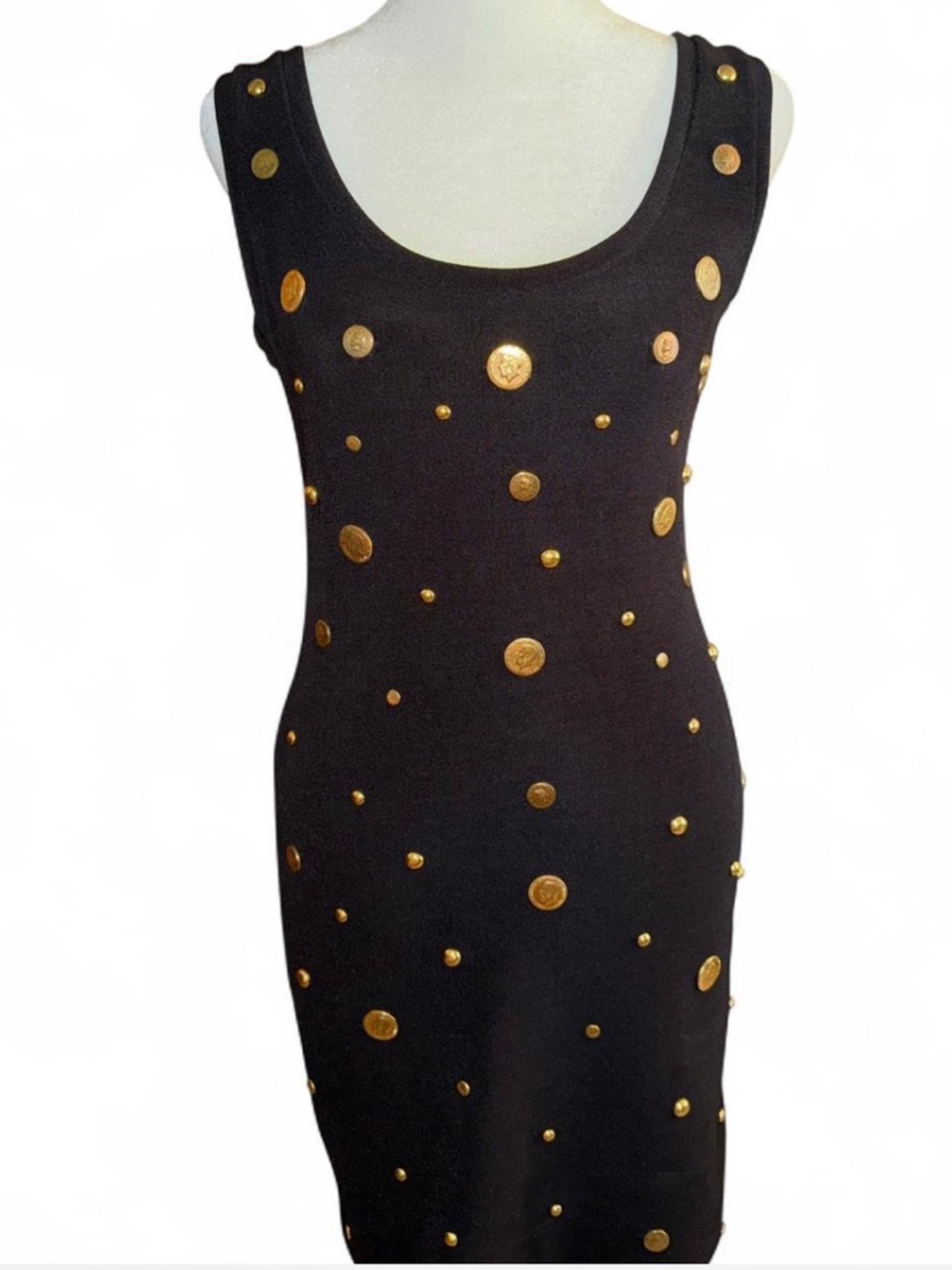 Vintage 1980s Ann Hobbs Black Bodycon Dress with Gold Coin Studs